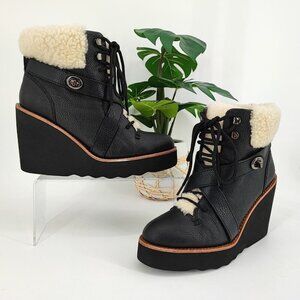 Coach Woman's Kenna Wedge Black Suede Shearling Ankle Boots Size 7B